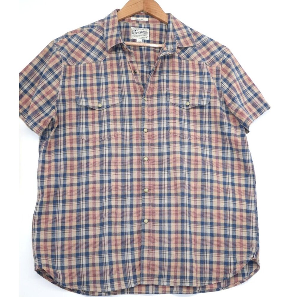 Lucky Brand Men Classic Fit Plaid Button-Up Shirt Short Sleeve Sz L Stretch Snap